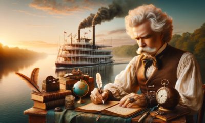inspirational image of mark twain writing with symbols of his work in the background